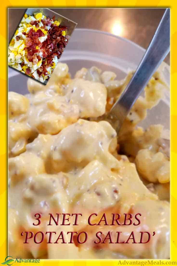 Looking for a Low Carb version of Potato Salad to save your keto diet this summer? This Keto No Potato Salad Recipe is just what you\'re looking for. #KetoDiet #KetoRecipe #LowCarb #LCHF #Potluck #KetoPotLuck #KetoDish #KetoSideDish #Cauliflower